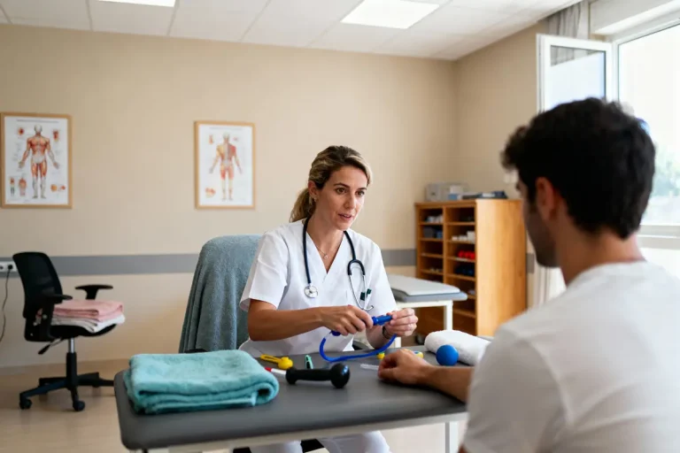 Une médecin en blouse blanche parle avec un patient dans une salle de consultation médicale.