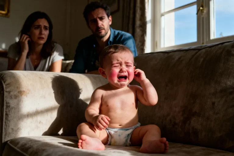 Bébé pleurant sur un canapé, avec un couple préoccupé en arrière-plan, dans un salon ensoleillé.