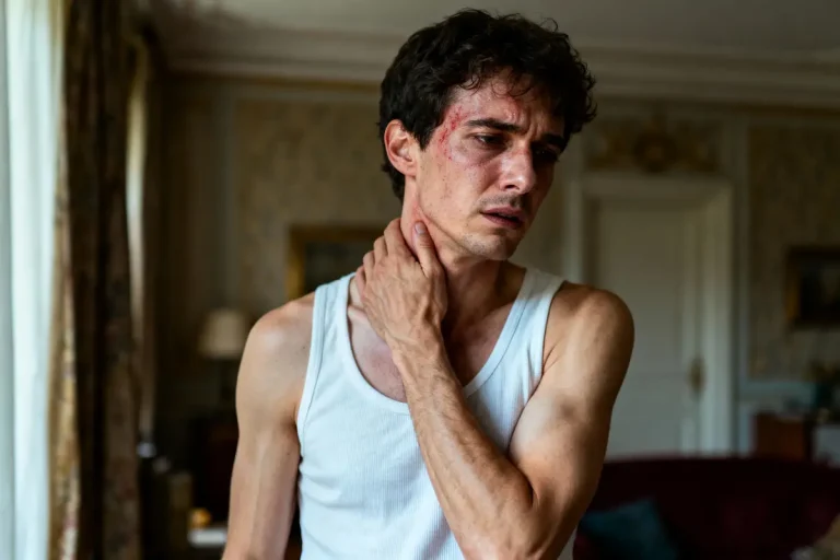 Un homme, blessé au visage, portant un débardeur blanc, a une expression préoccupée dans une pièce élégante.