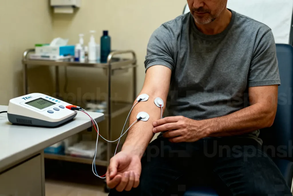 Homme utilisant appareil de stimulation électrique, électrodes attachées à l'avant-bras dans une salle médicale.