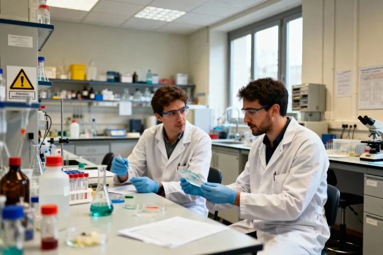 Deux chercheurs en blouse blanche travaillent dans un laboratoire, manipulant des échantillons avec des gants et lunettes de protection.
