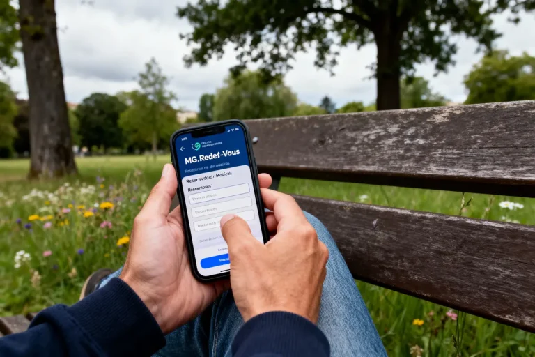 Main tenant smartphone, application médicale ouverte, sur un banc de parc entouré d'arbres et fleurs.