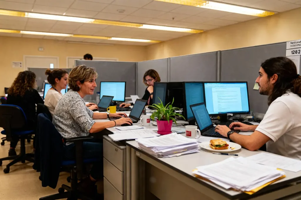 Personnes travaillant dans un bureau avec ordinateurs portables, documents, plante, tasses et sandwich sur le bureau.