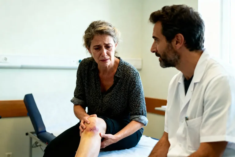 Femme examinant son genou contusionné, en conversation avec un médecin en blouse blanche dans un cabinet médical.