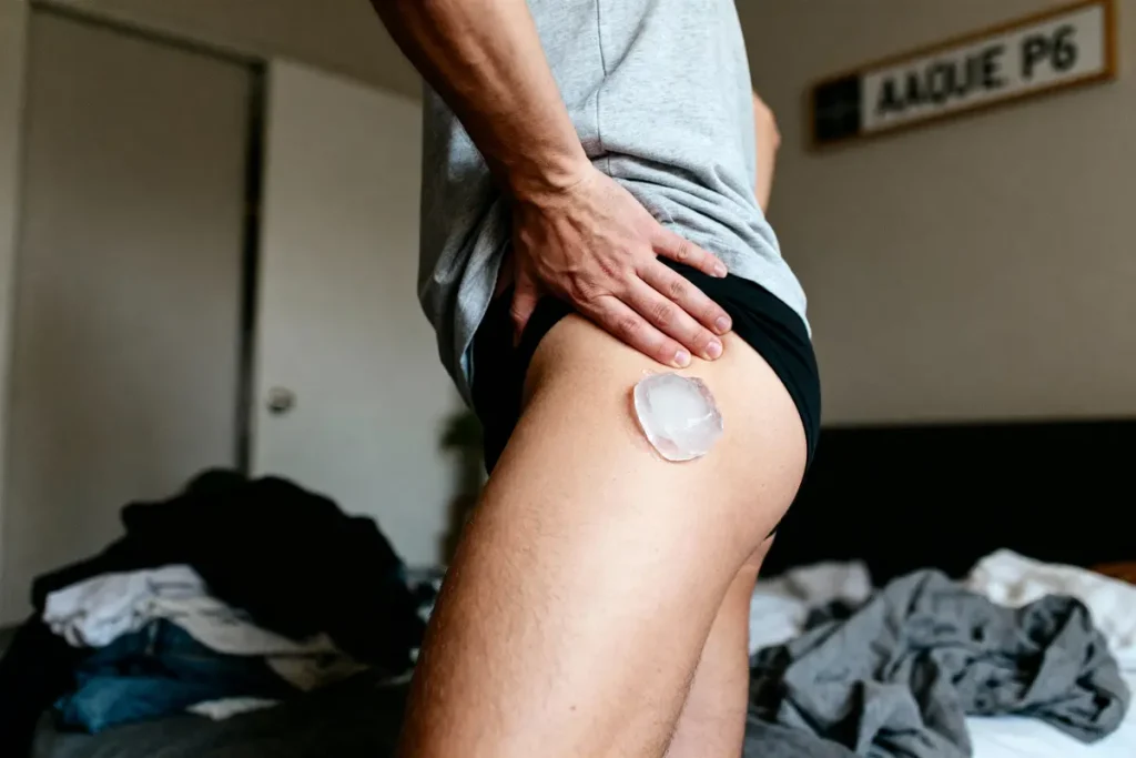 Personne avec poche de glace sur cuisse, main au dos, chambre en arrière-plan.