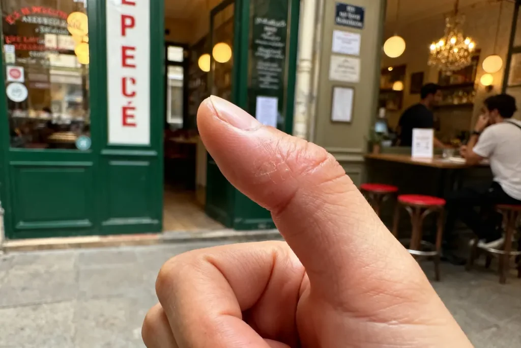 Un pouce levé devant l'entrée d'un café avec tabourets rouges et chandelier.