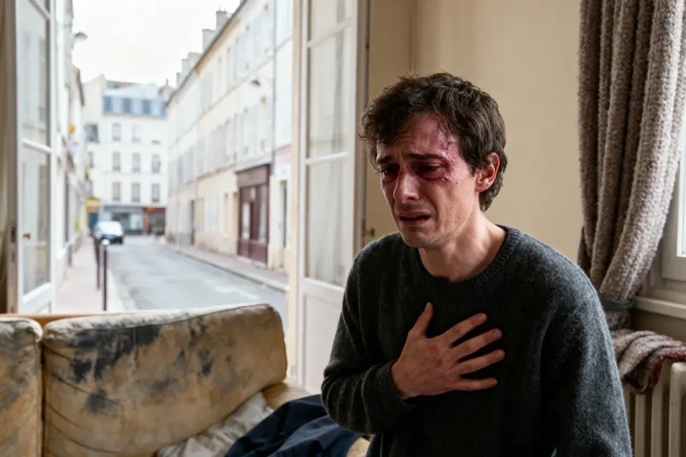 Homme blessé en pleurs dans un salon, main sur la poitrine, rue visible à travers une fenêtre ouverte.
