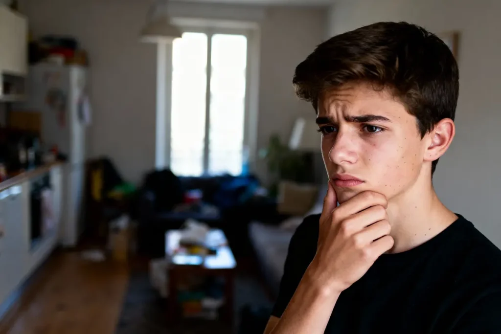 Un adolescent pensif portant un t-shirt noir dans un salon lumineux et encombré.