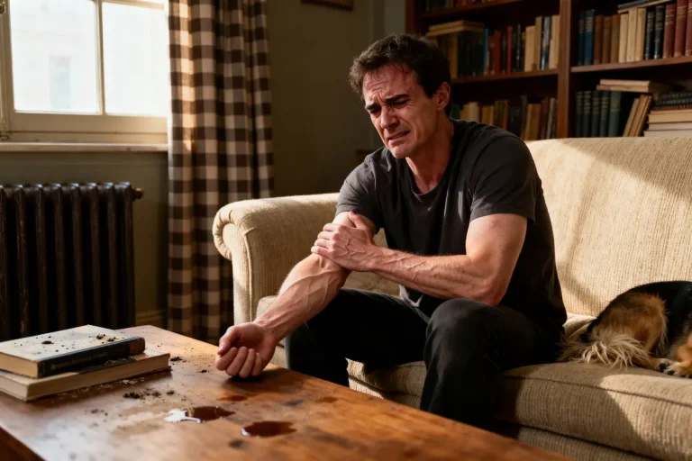Homme stressé sur canapé, serrant bras, avec chien endormi, livres et taches sur table, pièce éclairée.