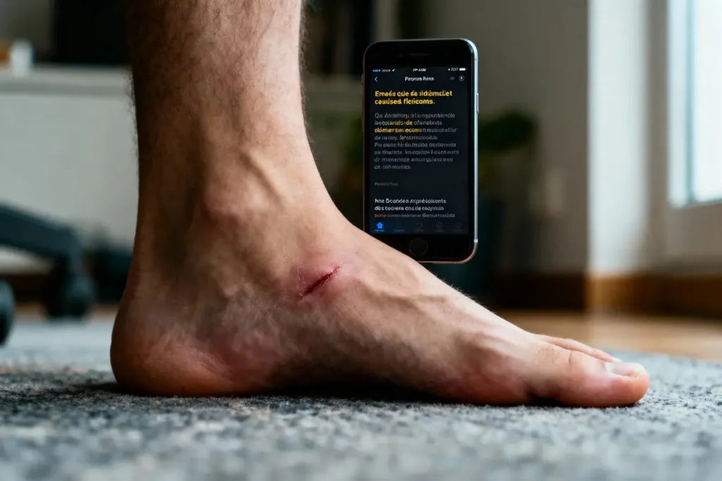 Pied avec coupure à la cheville, smartphone flottant, texte flou, intérieur d'une pièce avec moquette.
