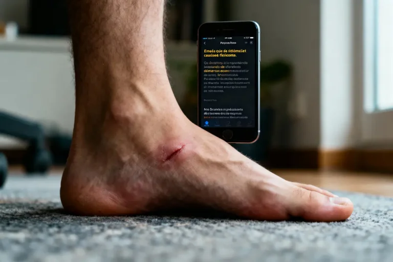 Pied avec coupure à la cheville, smartphone flottant, texte flou, intérieur d'une pièce avec moquette.