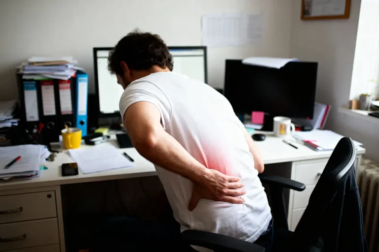 Homme avec mal de dos, assis au bureau, main sur le bas du dos, environnement de travail encombré.