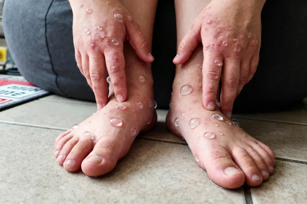 Personne montrant mains et pieds couverts de bulles et cloques sur sol carrelé.