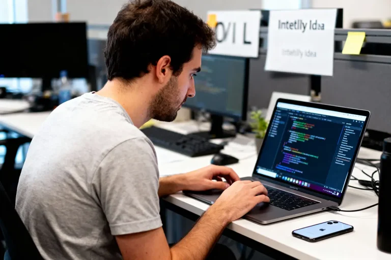 Homme codant sur un ordinateur portable dans un bureau, smartphone posé à côté.