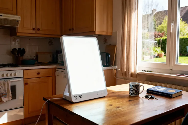 Lampe de luminothérapie allumée sur table en bois, avec tasse, livre, clés dans cuisine lumineuse.