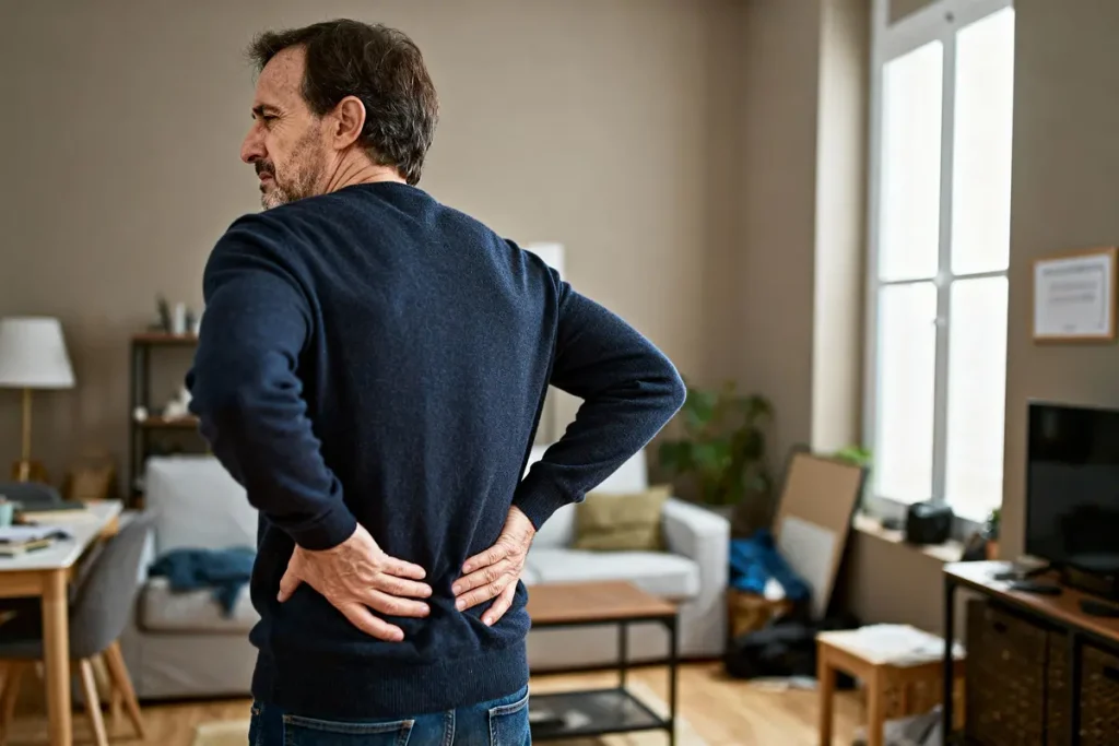 Homme se tenant le dos, expression de douleur, dans un salon éclairé par la lumière naturelle.
