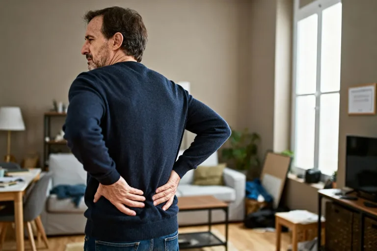Homme se tenant le dos, expression de douleur, dans un salon éclairé par la lumière naturelle.