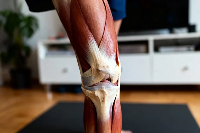 Muscles et ligaments du genou en gros plan, montrant l'anatomie détaillée, avec arrière-plan flou d'intérieur.