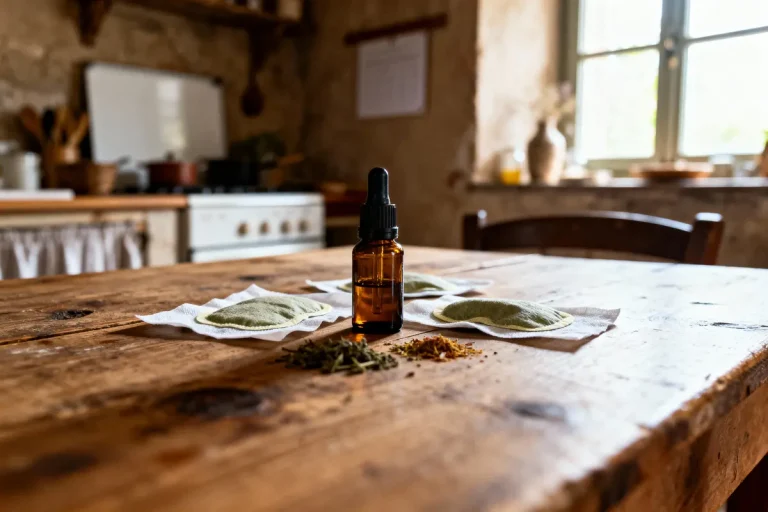 Bouteille de verre ambré, poudres vertes et jaunes sur table rustique en bois, cuisine en arrière-plan.