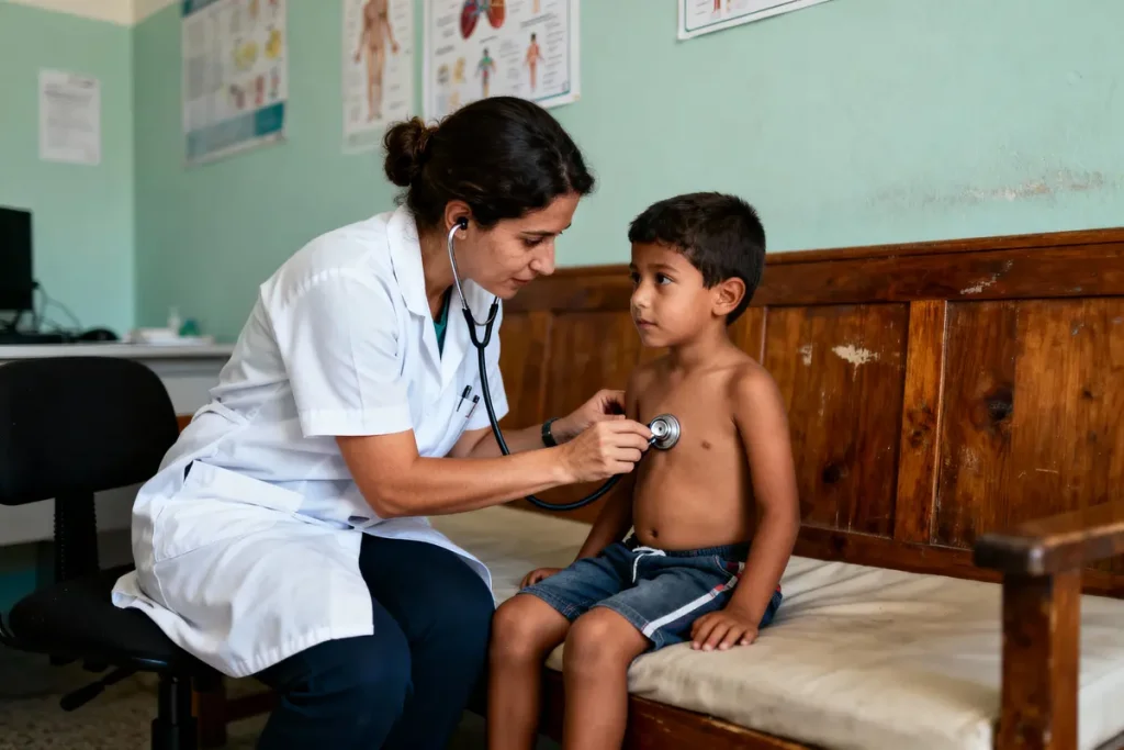 Médecin examine un garçon avec un stéthoscope, assis sur un banc en bois, cabinet médical lumineux.