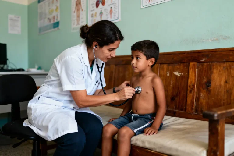 Médecin examine un garçon avec un stéthoscope, assis sur un banc en bois, cabinet médical lumineux.