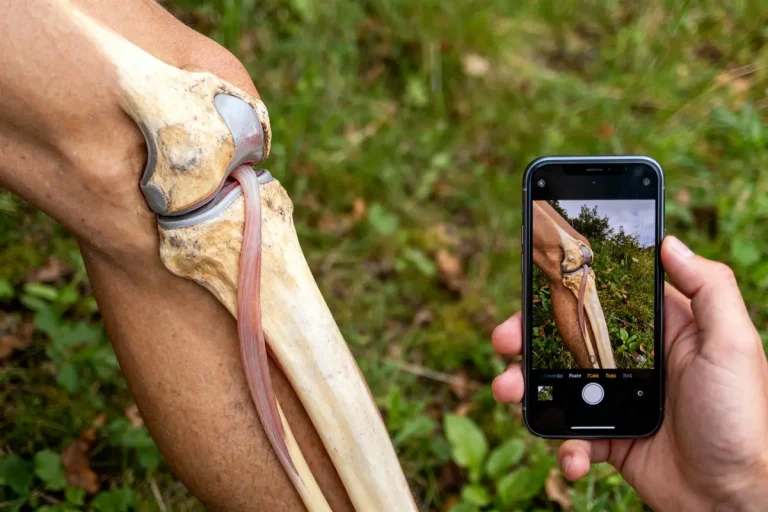 Modèle anatomique de genou montré en plein air et photographié avec un smartphone.