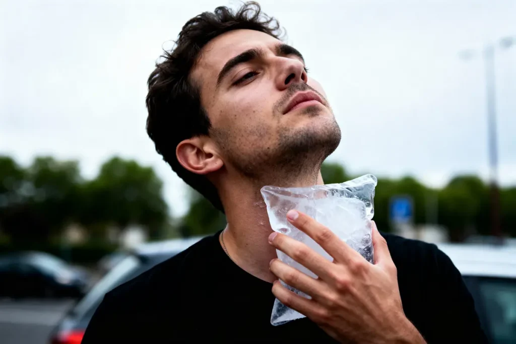Homme appliquant un sac de glace sur son cou, extérieur, portrait de profil.