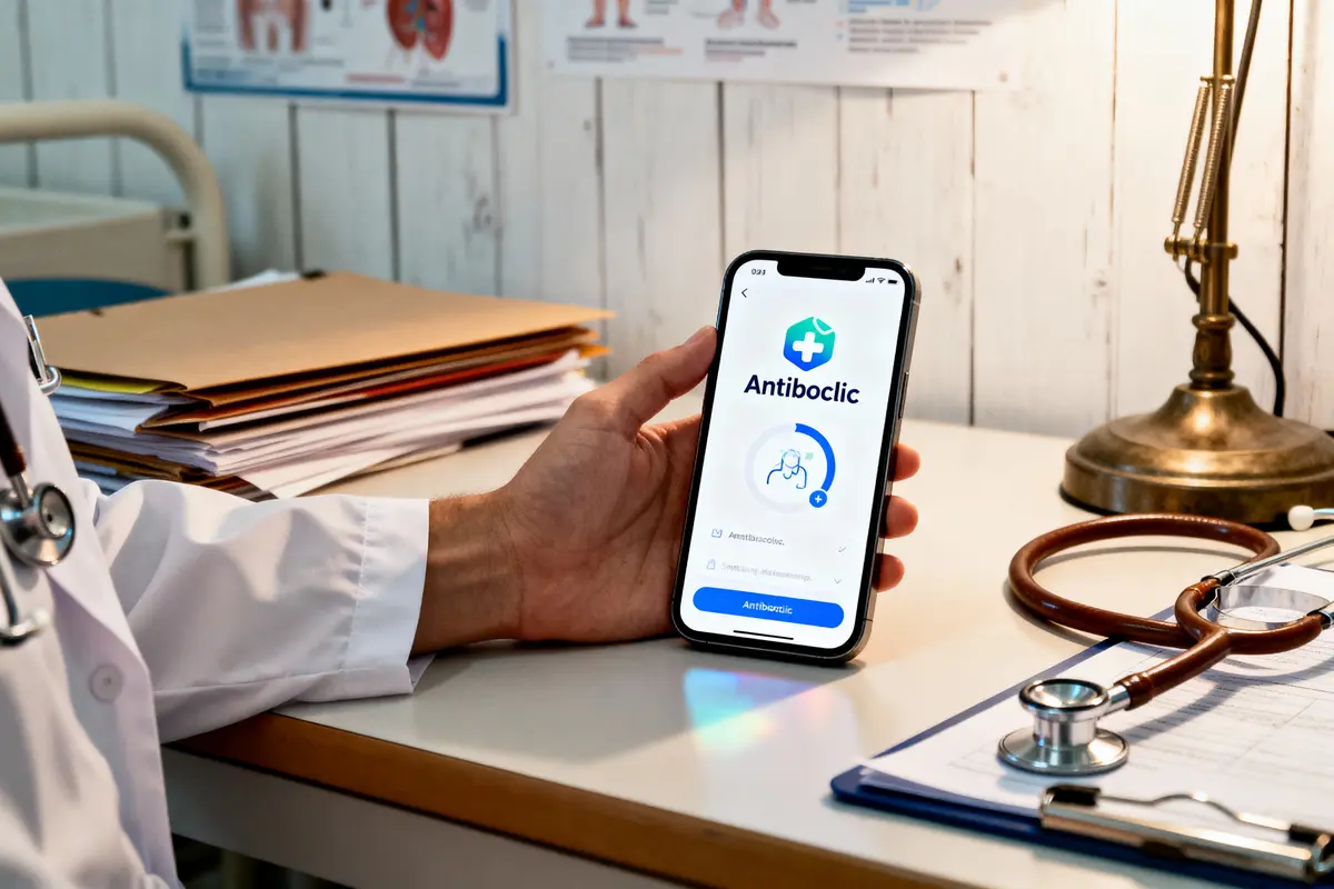Médecin consultant une application médicale "Antiboclic" sur smartphone, stéthoscope et documents posés sur le bureau.