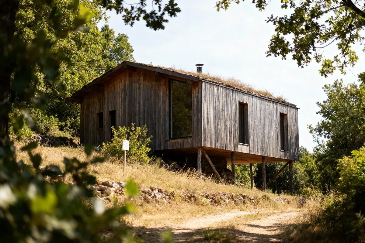 Maison en bois sur pilotis entourée de verdure, située dans un environnement naturel ensoleillé avec chemin herbeux.