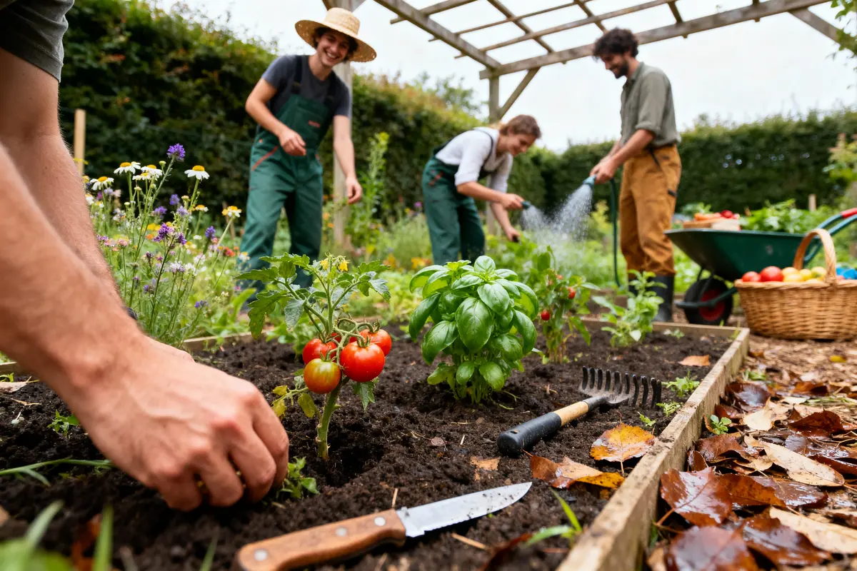 Personnes jardinant, plantant et arrosant légumes dans un jardin potager avec outils et panier de récolte.