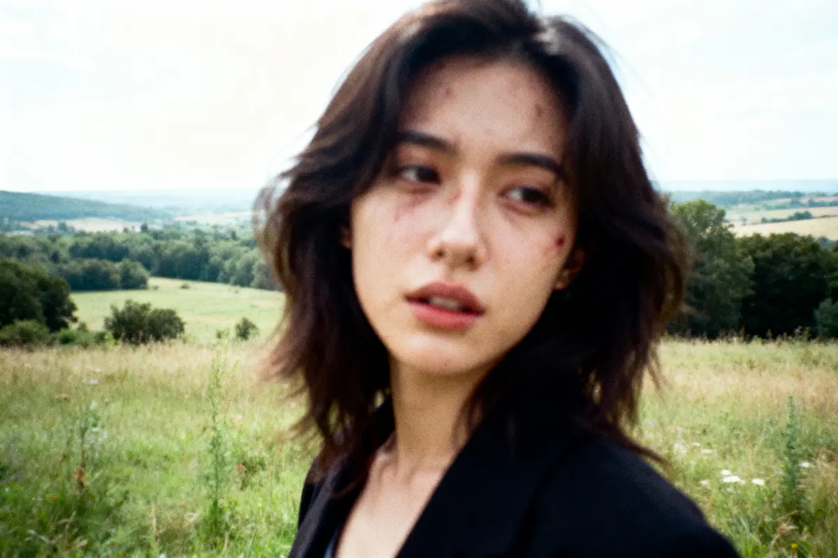 Jeune femme brune, regard pensif, dans un champ verdoyant avec collines en arrière-plan, ciel clair.