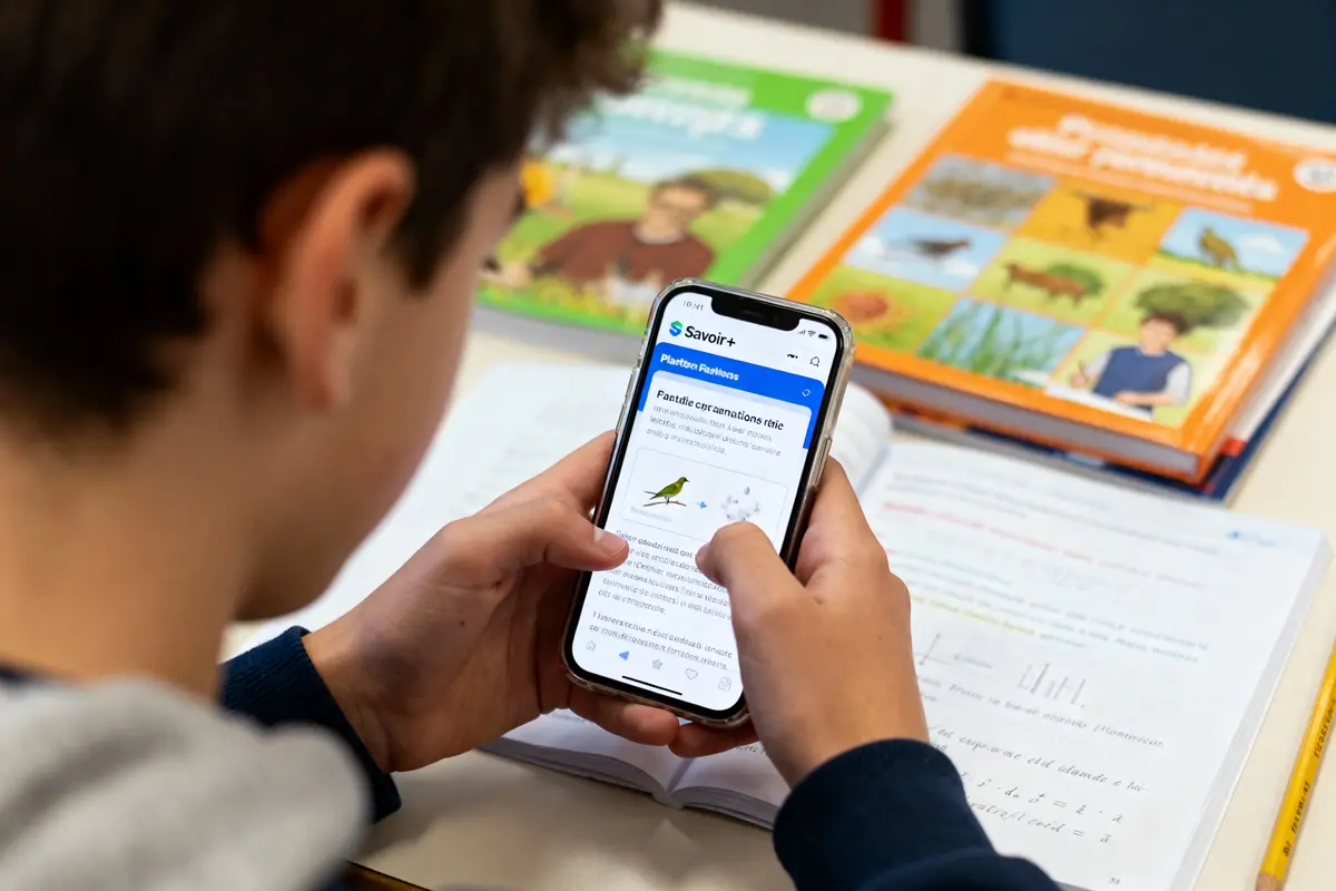 Enfant utilisant un smartphone pour rechercher des informations, livres et cahier ouverts sur un bureau.