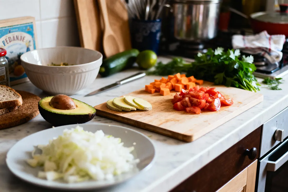 Plan de travail cuisine avec légumes coupés, avocat, pain, bol, herbes, et ustensiles.