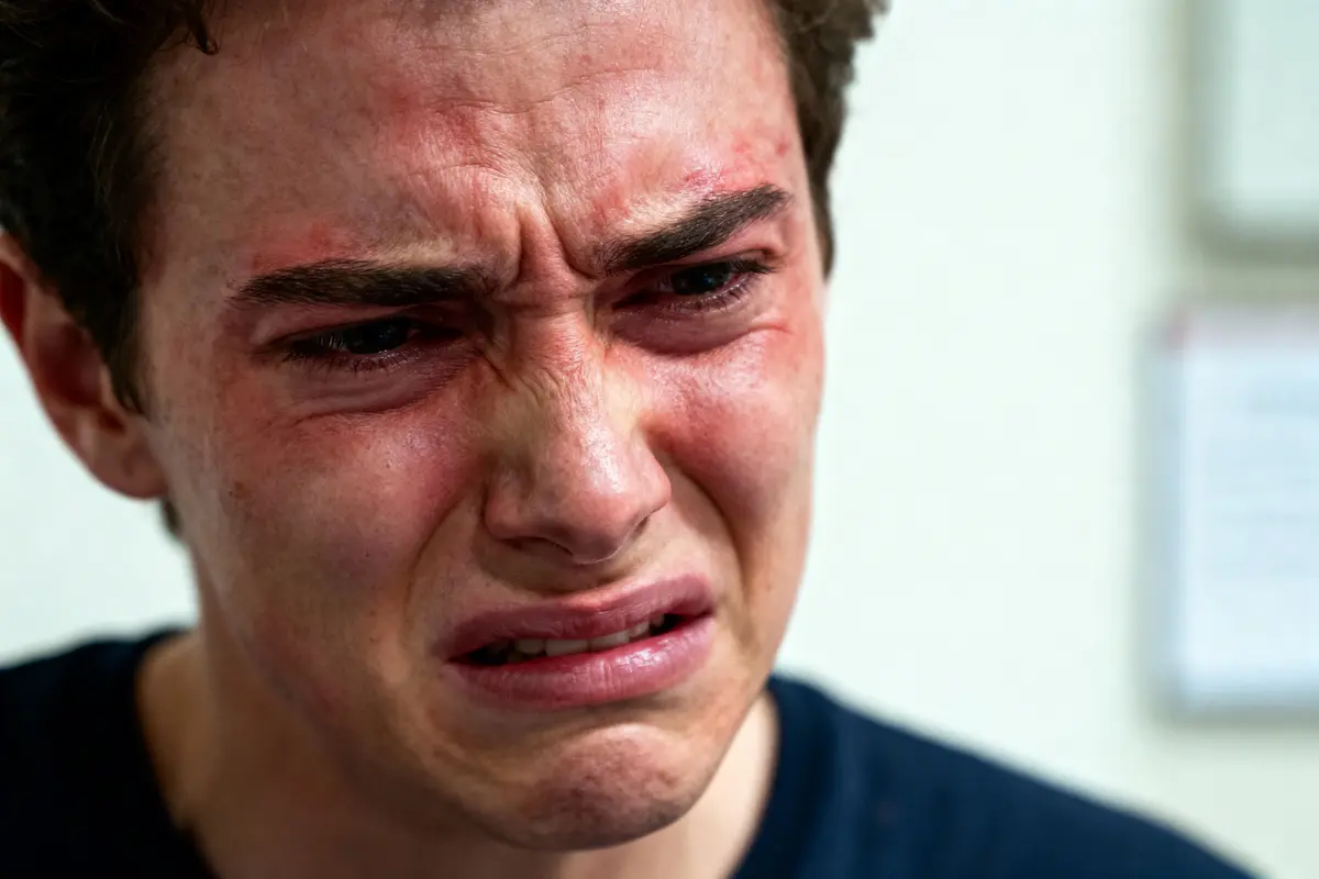 Homme pleurant avec une expression de douleur, visage rouge et crispé, fond flou.