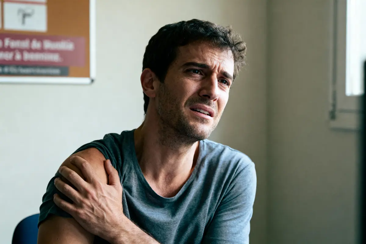 Homme souffrant, tenant son épaule, expression de douleur intense sur son visage, dans un environnement intérieur.