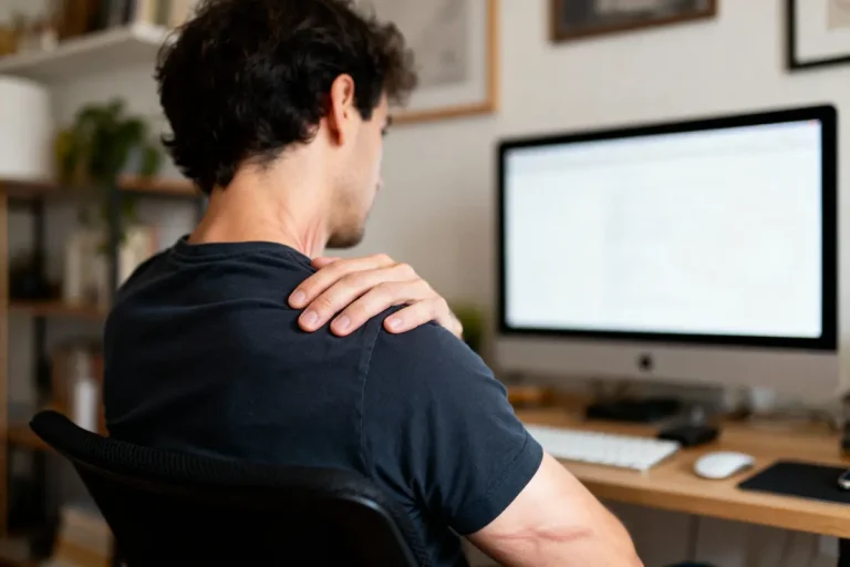 Homme assis de dos, main sur épaule, devant ordinateur dans un bureau moderne.
