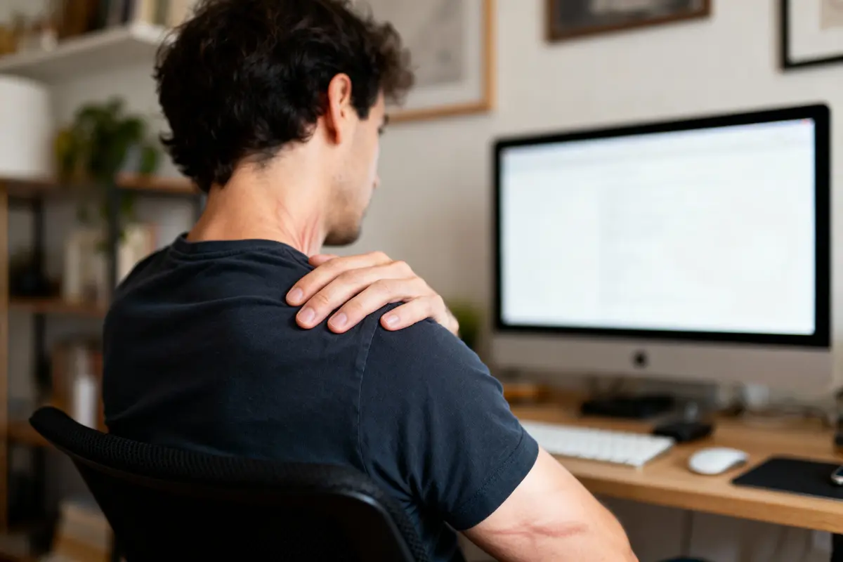 Homme assis de dos, main sur épaule, devant ordinateur dans un bureau moderne.