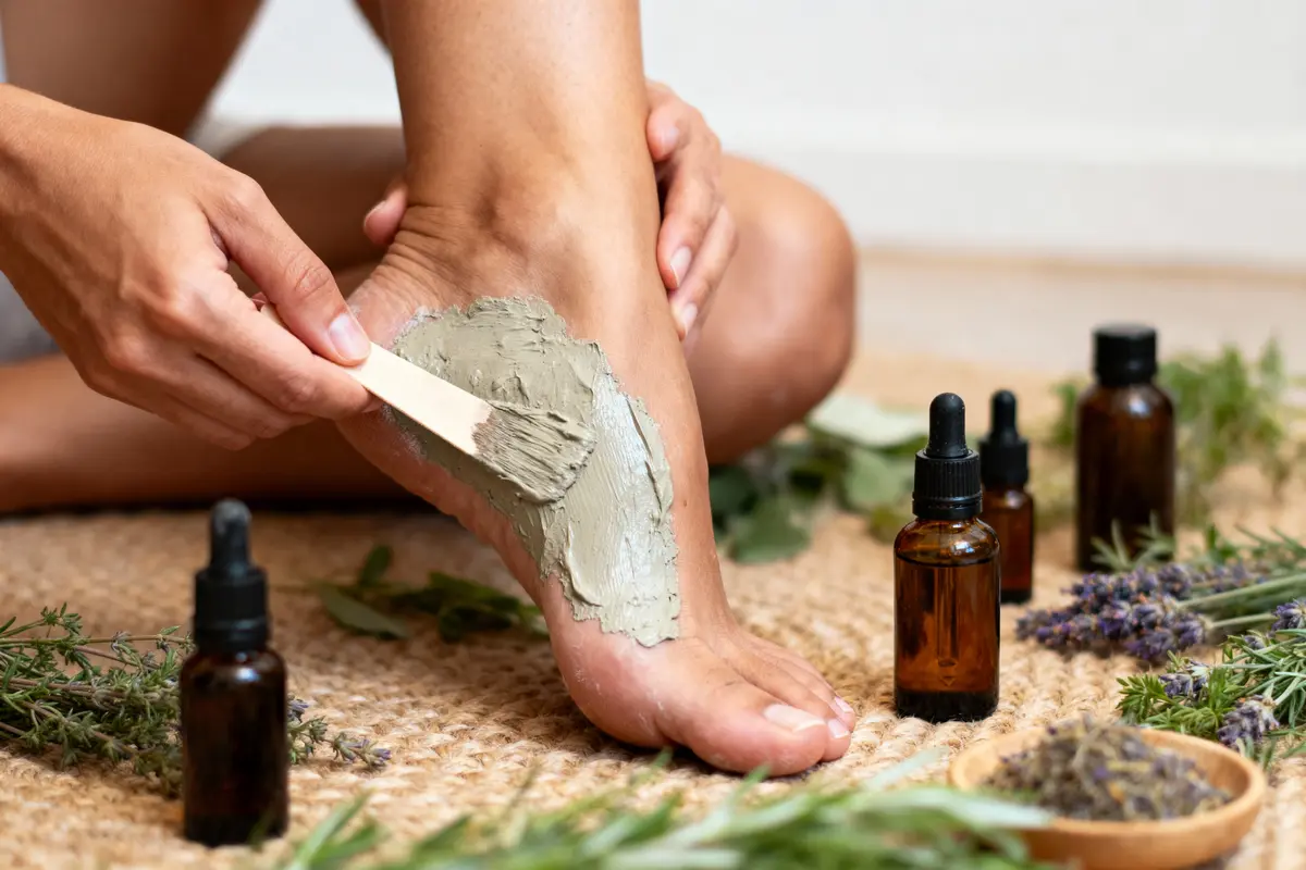 Une personne applique un masque d'argile sur pied entouré d'huiles essentielles et plantes aromatiques.