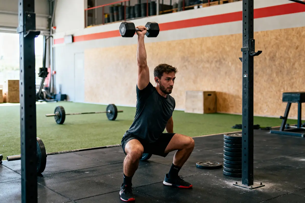 pexels-michal-pech-213601-757318 (1) Homme effectuant un squat avec haltère au-dessus de la tête dans une salle de sport.