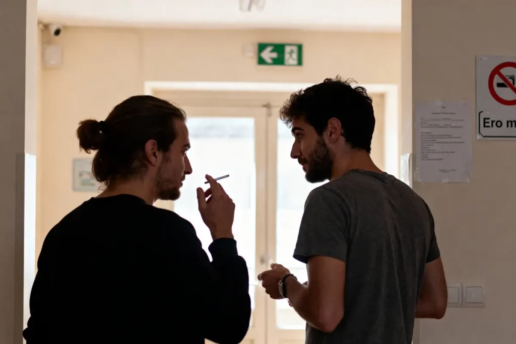 Deux hommes discutent dans un couloir, l'un d'eux tient une cigarette, panneau d'interdiction visible.