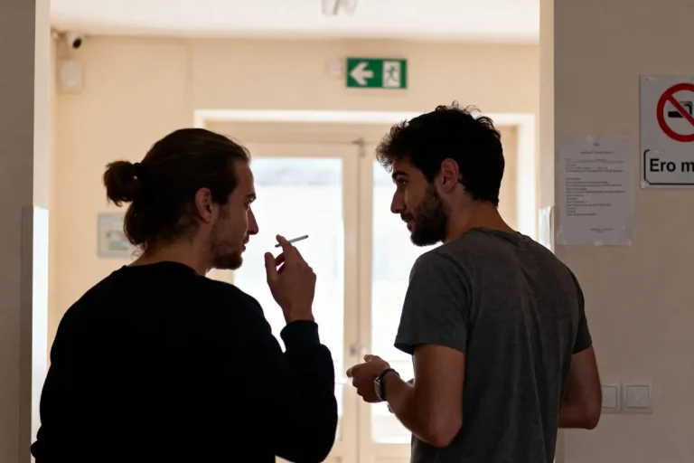 Deux hommes discutent dans un couloir, l'un d'eux tient une cigarette, panneau d'interdiction visible.