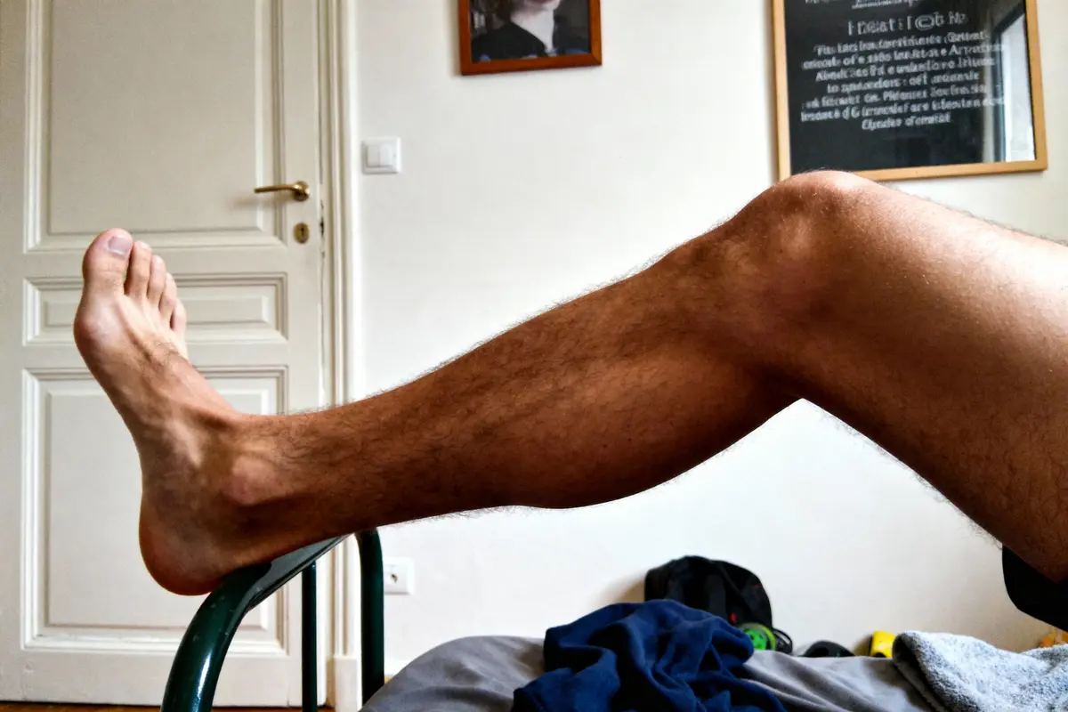 Jambe poilue levée sur un meuble, dans une chambre avec porte et cadres au mur.