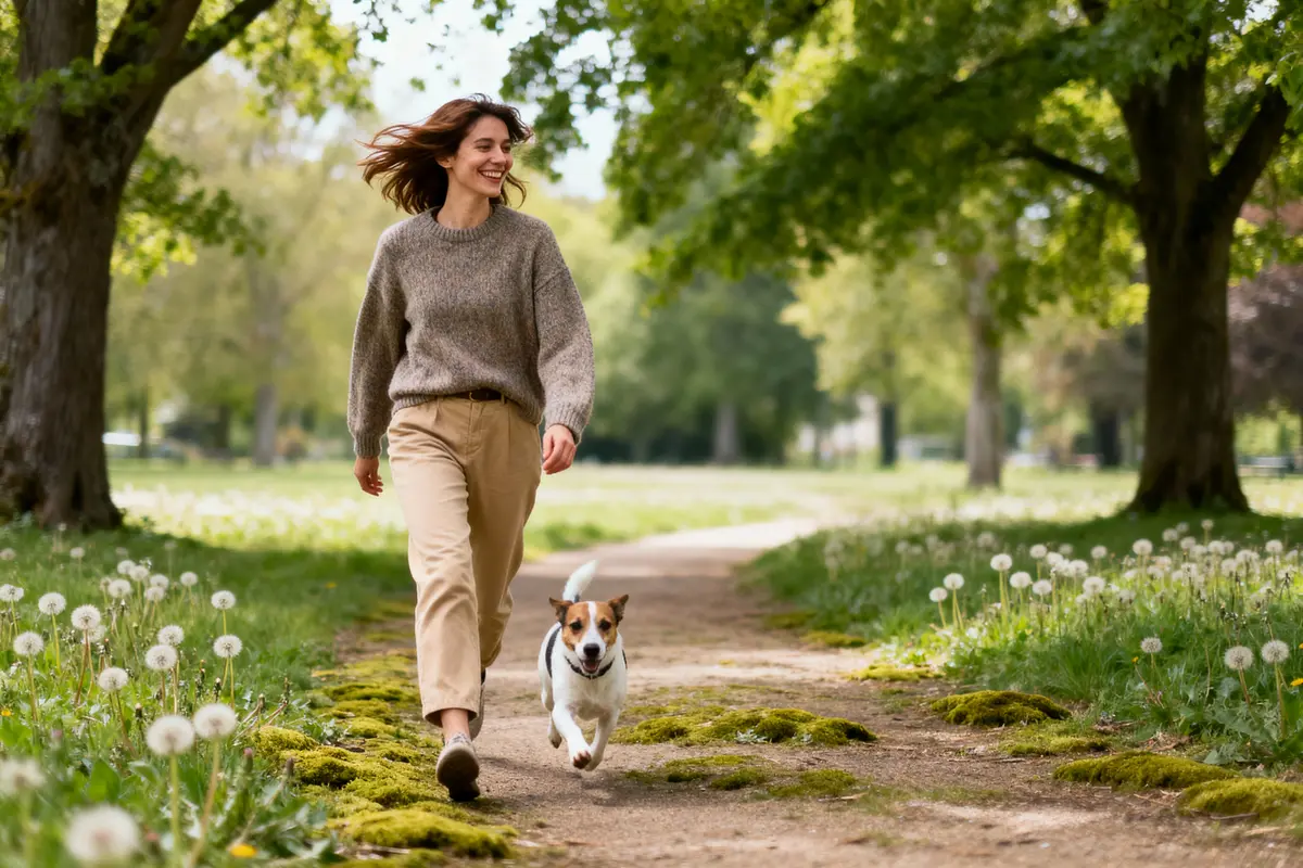Femme souriante marchant avec un chien sur un chemin bordé d'arbres et pissenlits. Atmosphère printanière.