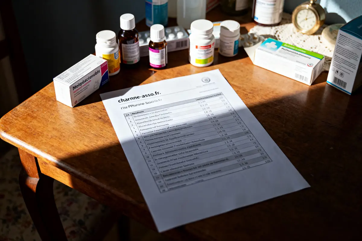 Document médical et divers médicaments sur une table en bois, éclairés par la lumière du soleil.