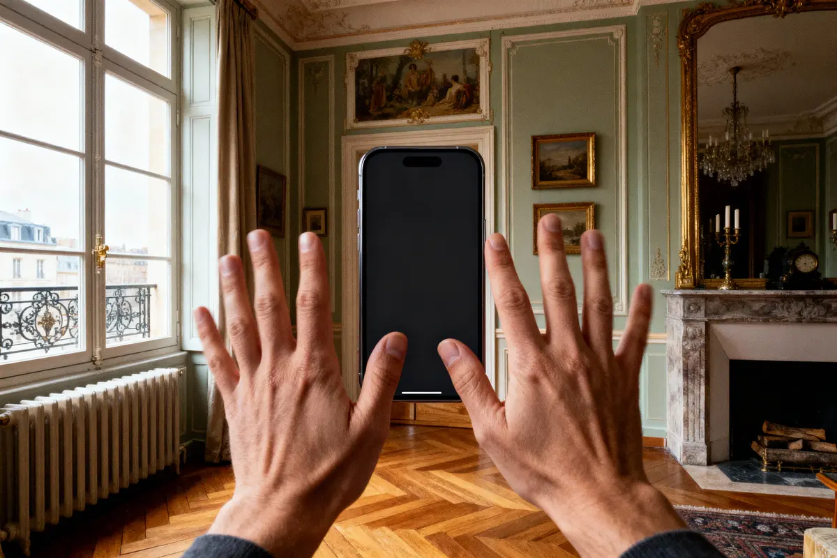 Deux mains ouvertes devant smartphone dans un salon élégant avec parquet et moulures.