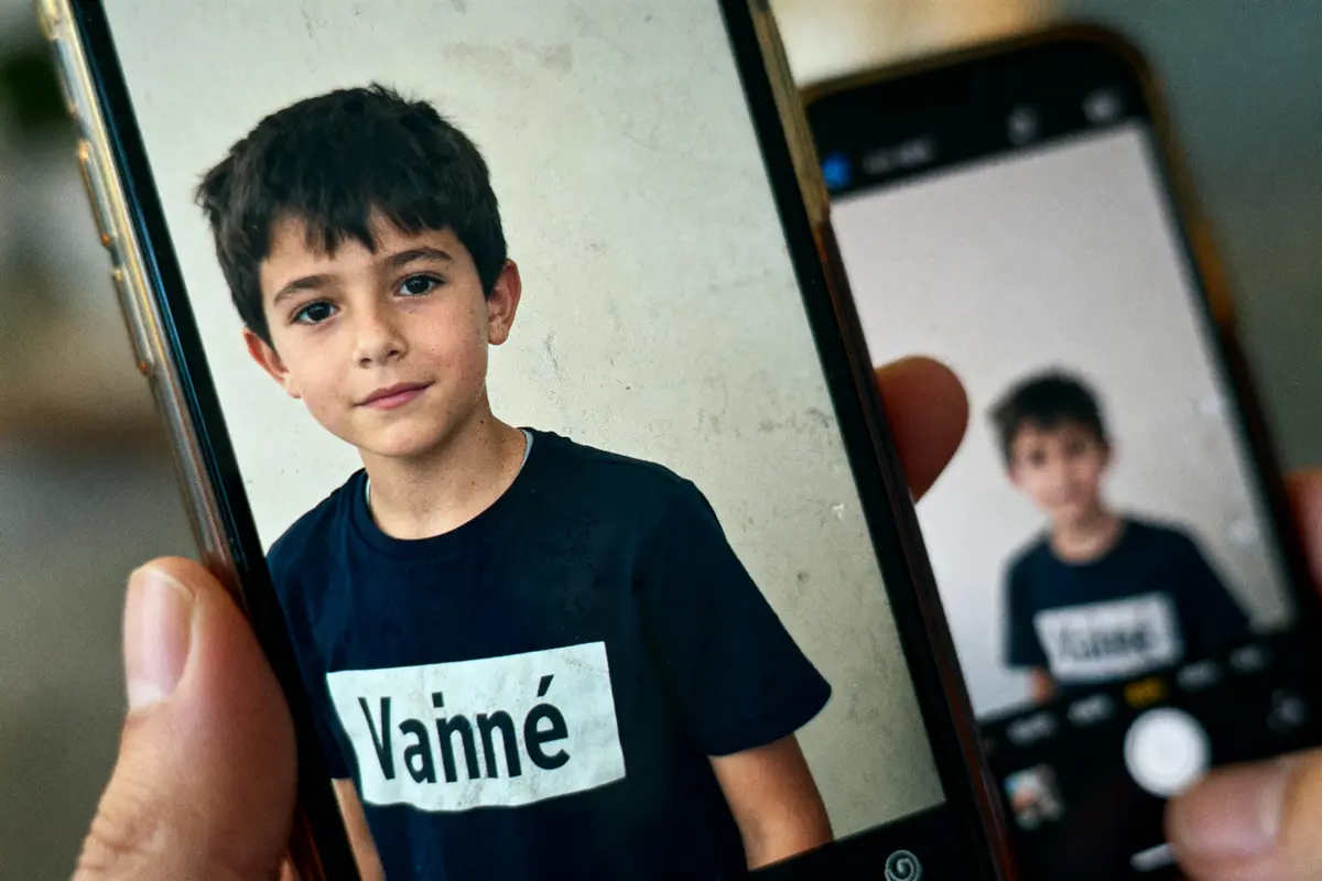 Un garçon en t-shirt "Vainné" pris en photo sur un smartphone, arrière-plan flou.