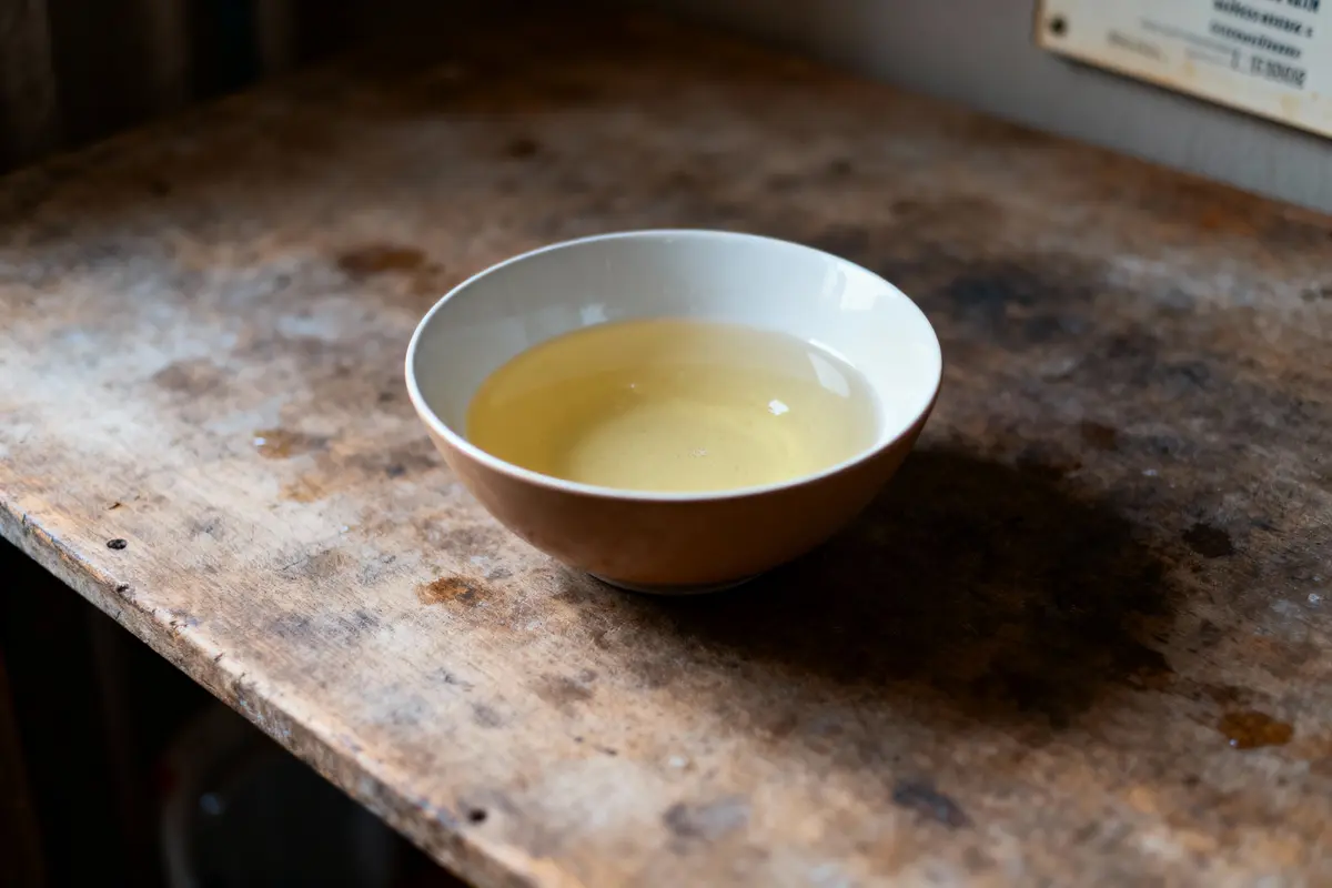 Bol blanc contenant du liquide jaune clair sur une table en bois vieilli.