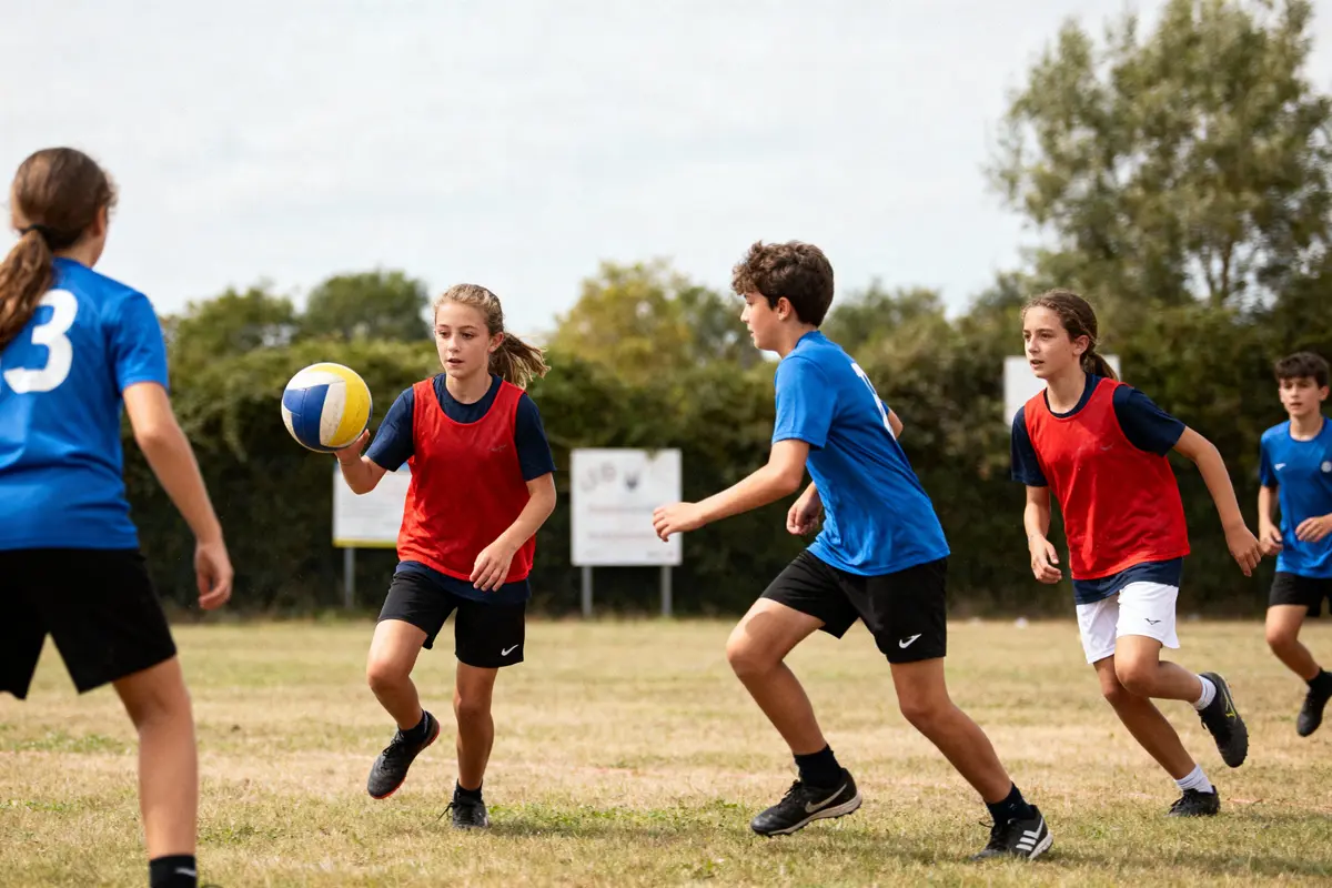 Des adolescents jouent au handball sur un terrain en extérieur, portant des chasubles rouges et bleues.