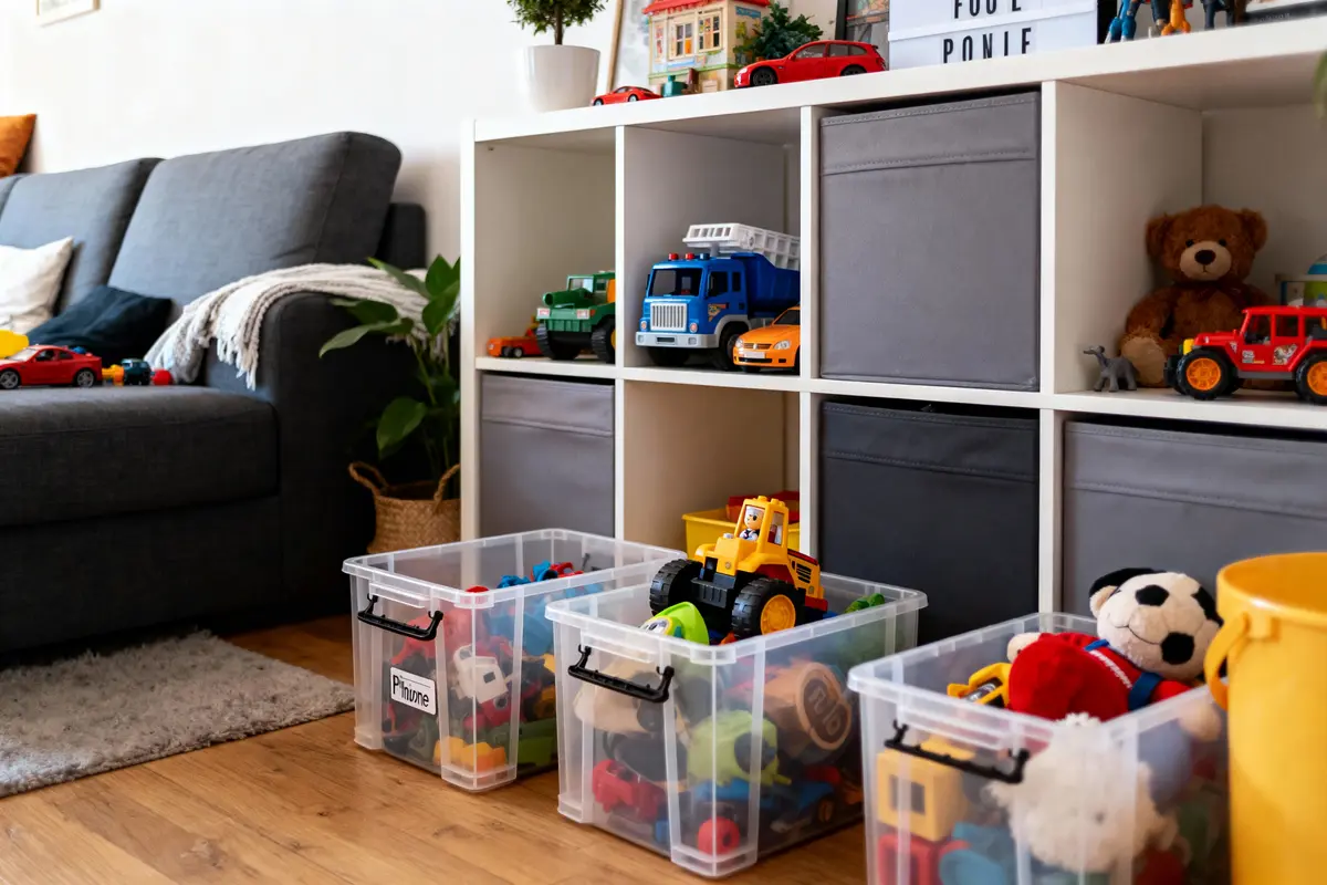 Espace de jeu organisé avec bacs de rangement transparents, étagères blanches, jouets et peluche, canapé gris.