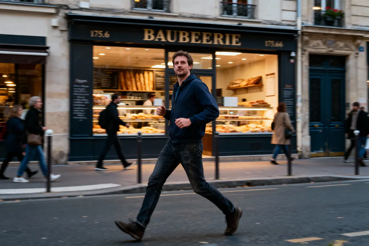 pexels-michal-pech-213601-757318 (1) Un homme marche devant une boulangerie Ă Paris, avec des passants et des baguettes en vitrine.